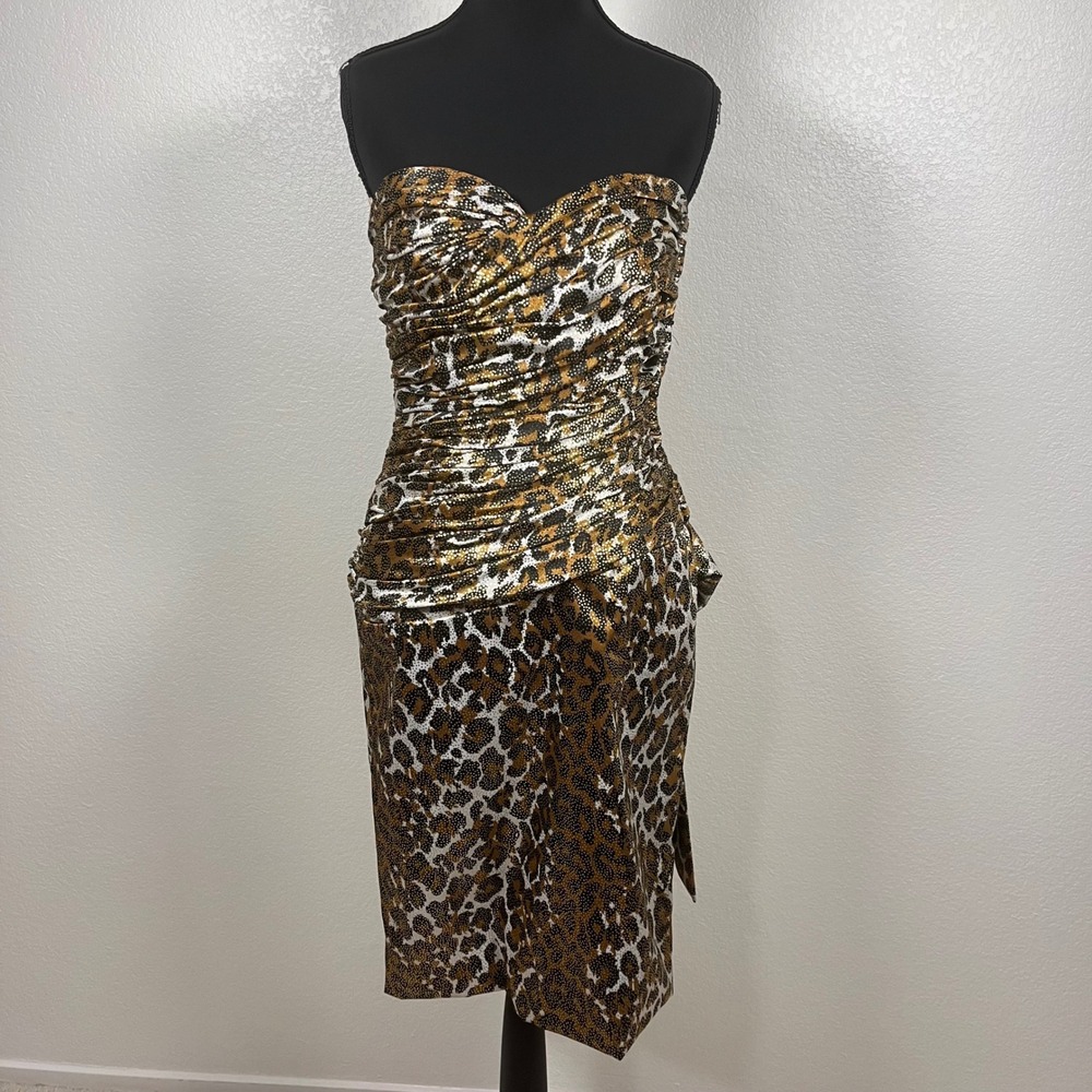 VTG Morton Myles Strapless‎ Leopard Print Metallic Bow Cocktail Dress Gold Sz 4